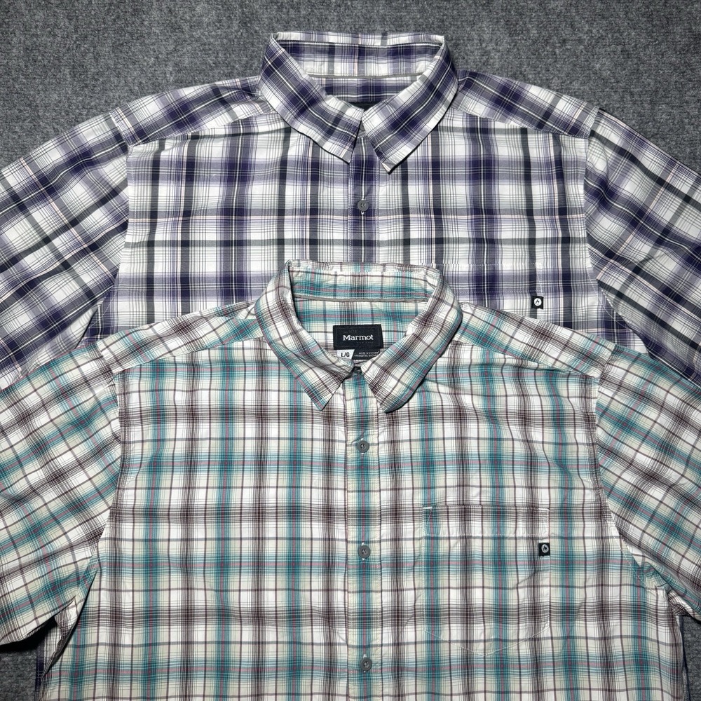 Marmot Short Sleeve Button Up Shirt Men Large Plaid Outdoor Casual Lot of 2